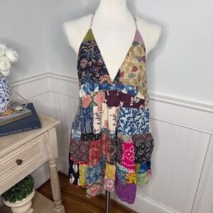 Paani Womens Cotton Patchwork Halter Dress Multicolor Boho Tiered Mini Large
